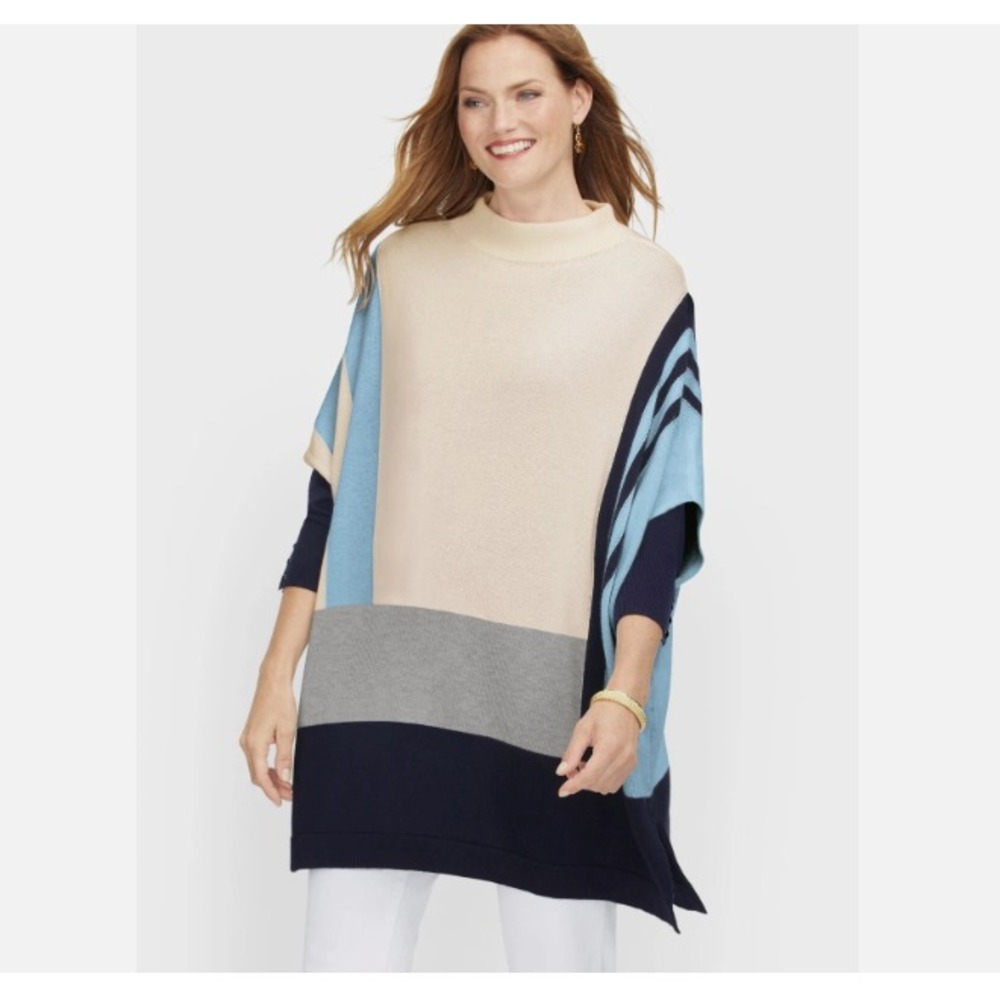 Talbots Poncho Sweater Knit Pullover Oversized Colorblock Cotton Viscose M